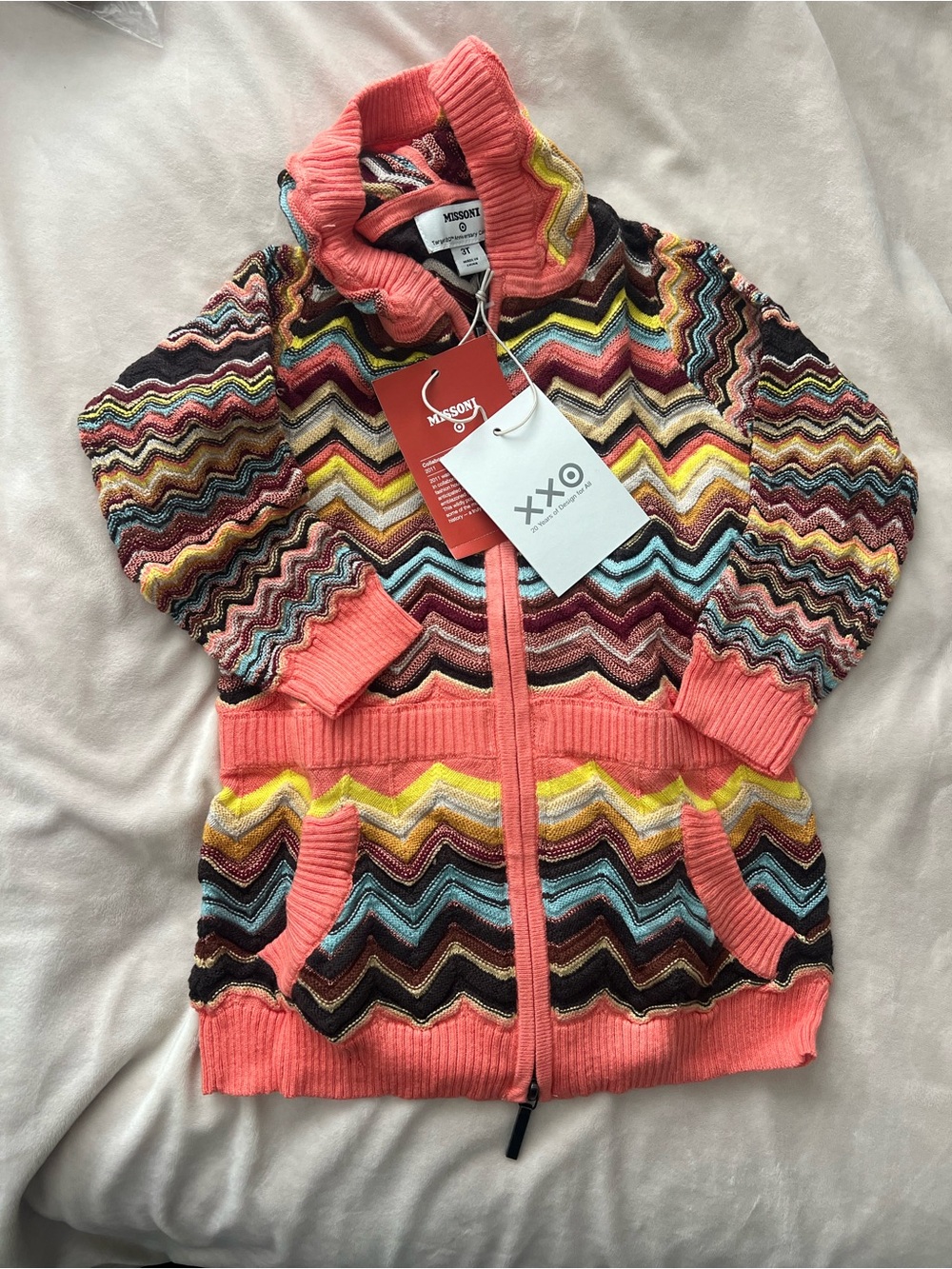 Missoni Coral & Multi Zigzag Knit Zip-Up Sweater Jacket